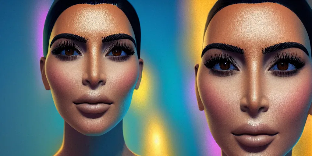 Image similar to macro portrait photograph of a glowing kim kardashian, sparkling, ultra realistic, unreal 5 engine render, octane render, digital painting, smooth, elegant, pop art style, 8 k, 3 5 mm film grain,