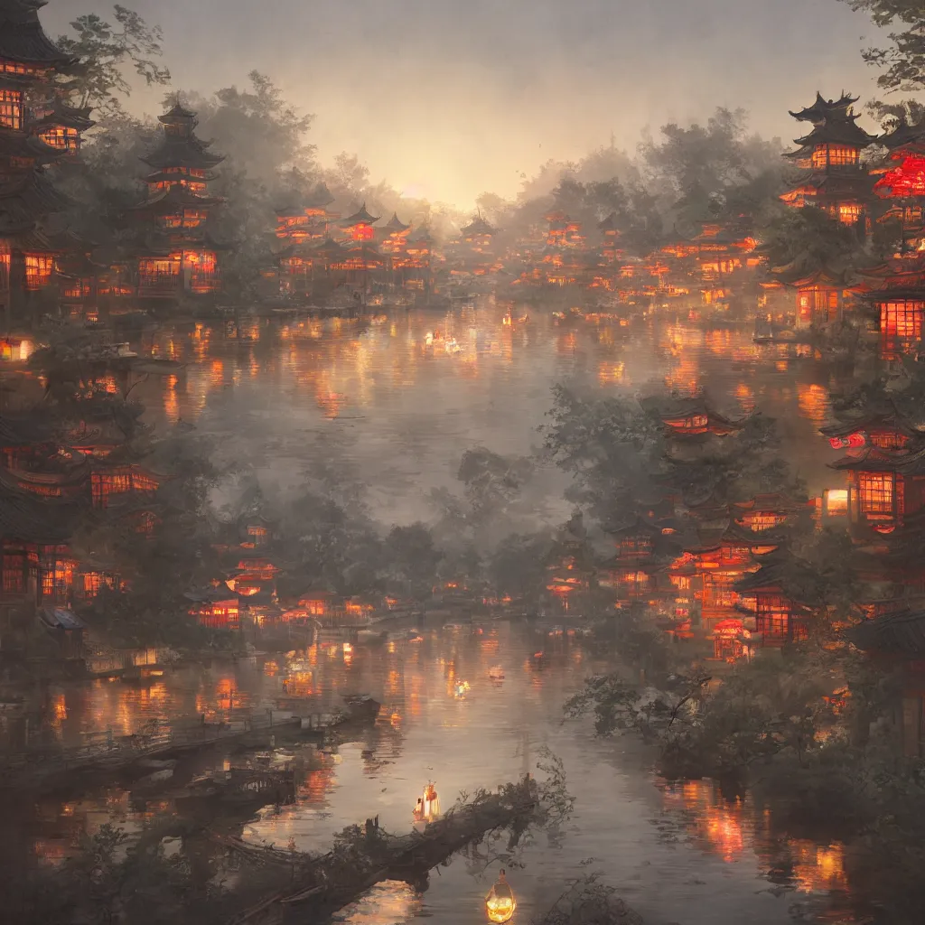 Prompt: grand river lantern festival, chinese watercolor style, trending on artstation, global illumination, radiant light, art by wlop and greg rutkowski,, detailed and intricate environment, 8 k