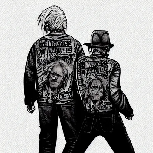 Image similar to tattoo design, stencil, portrait of marty and the doc from back to the future by artgerm