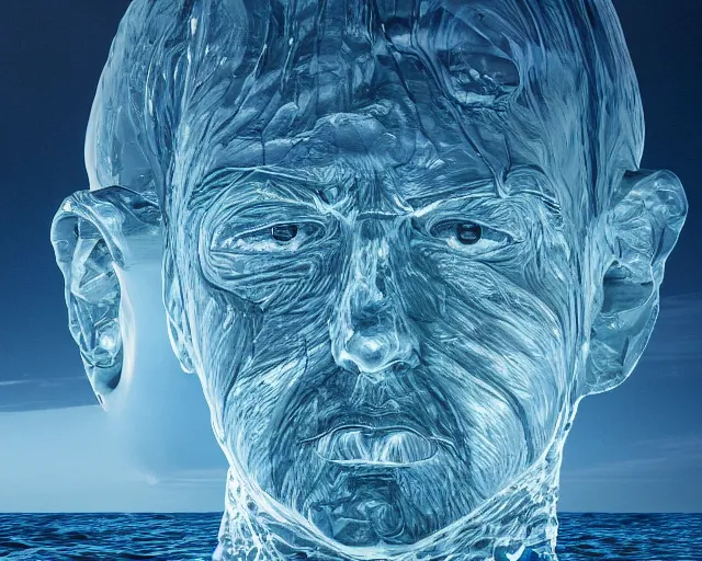 Image similar to a giant sculpture in the ocean of an abstract human head, hyper - realistic, very detailed, realistic water, ray tracing, 8 k resolution, long - shot, sharp focus, low angle, 8 5 mm photograph, wide lens