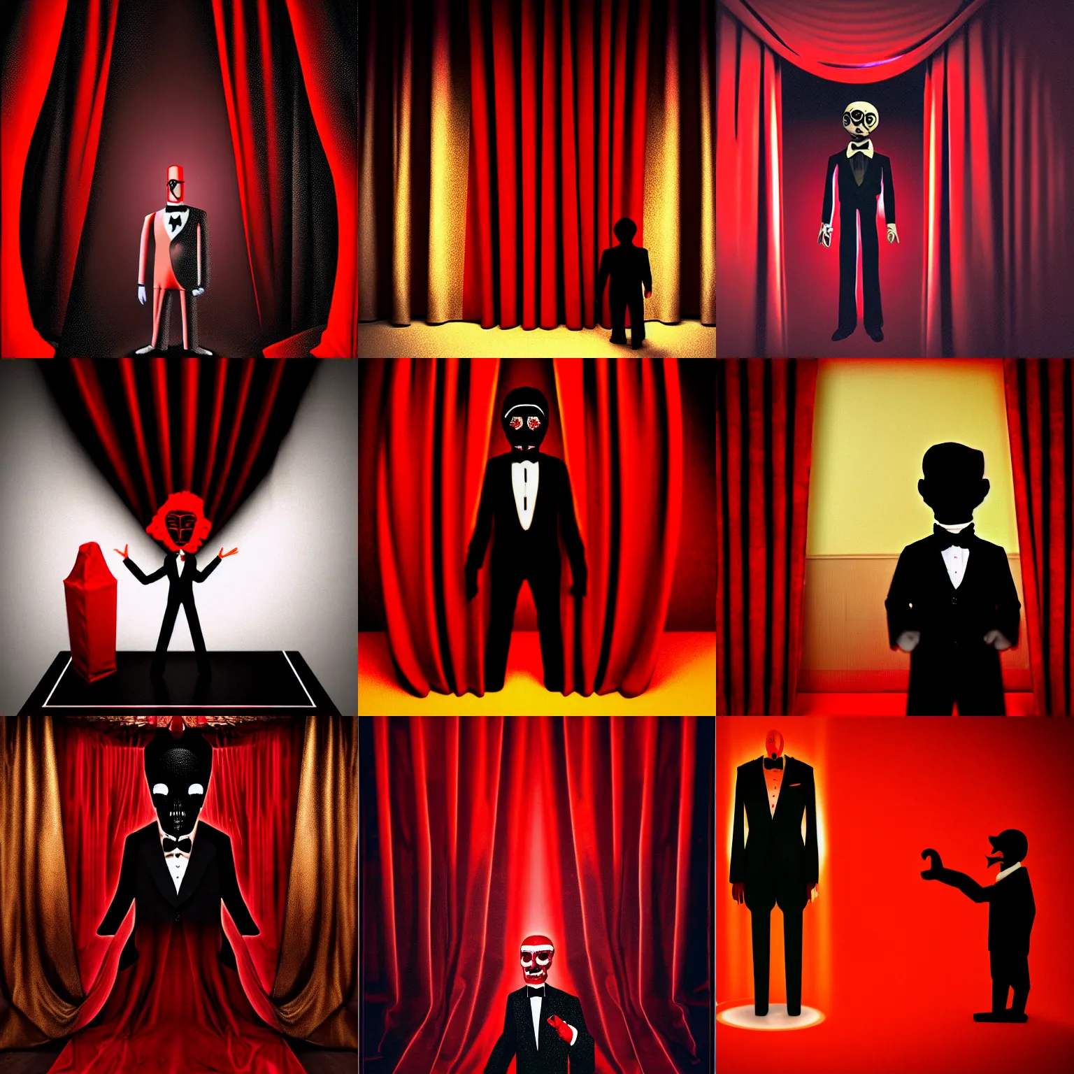 Prompt: puppet master in tuxedo behind red curtains, dark ambiance, realism, behance, holography, neoplasticism, holographic, cosmic horror, parallax