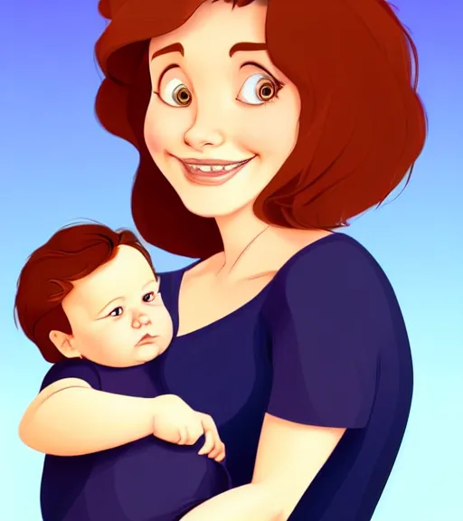 Image similar to a mother with short shoulder length dark auburn hair, short and curvy and a slightly chubby face holding her infant son with short brown hair full color digital illustration in the style of don bluth, artgerm, artstation trending, 4 k