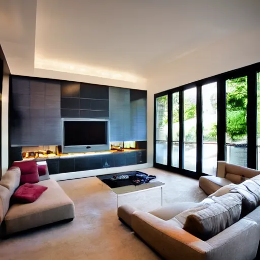Prompt: contemporary interior home design with sofa and television, realistic, hdr shot, bright and clear
