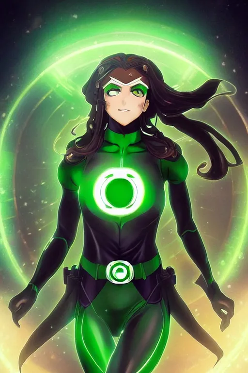 Image similar to anime key visual of a beautiful young female green lantern!! intricate, green and black suit, glowing, powers, dc comics, cinematic, stunning, highly detailed, digital painting, artstation, smooth, hard focus, illustration, art by artgerm and greg rutkowski and alphonse mucha