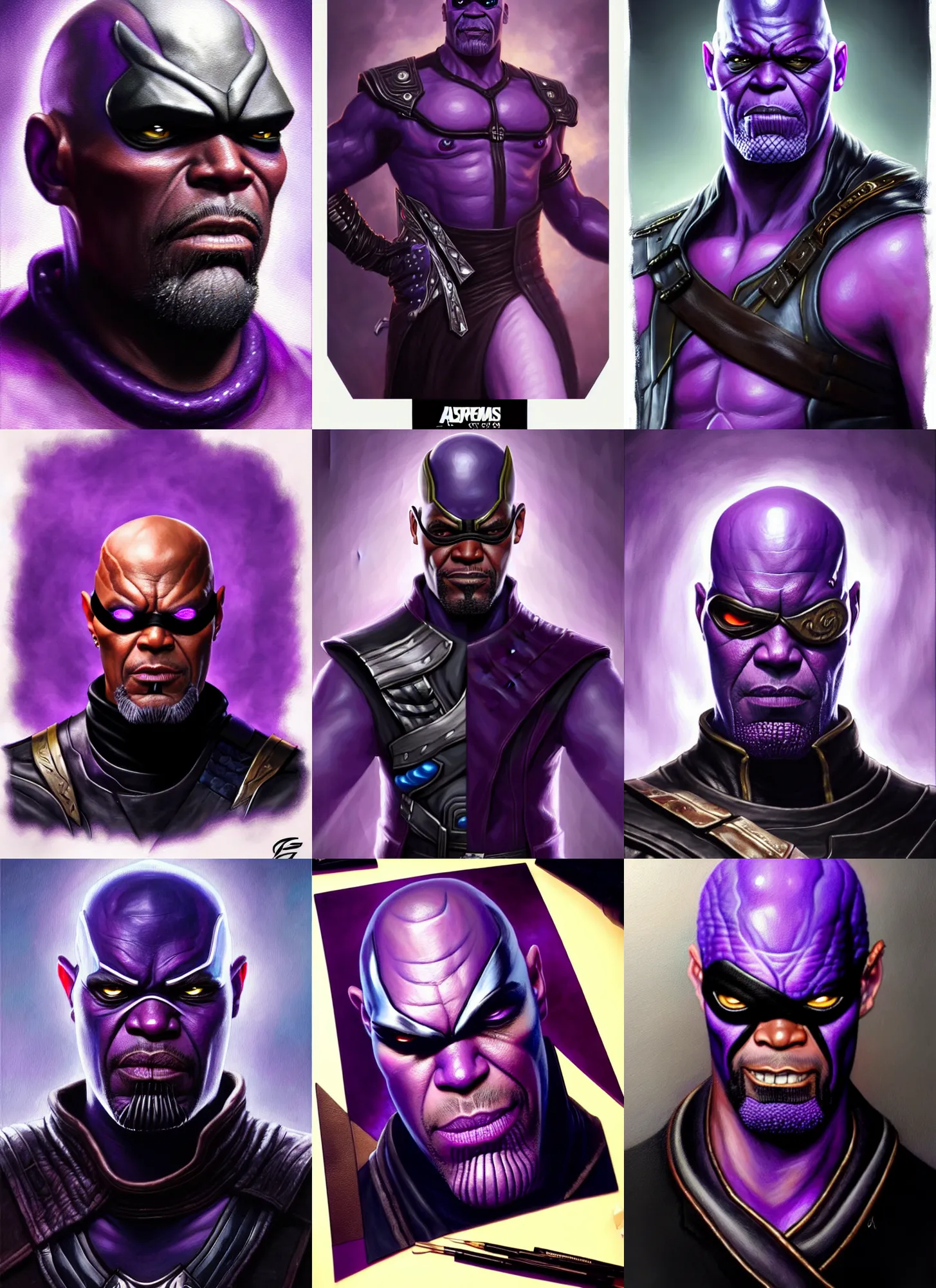 Prompt: a fantasy style portrait painting a character if nick fury ( with eye patch ) and thanos had a son purple skin, powerful chin, handmade black snake skin leather eye patch with buckle, thanos style traits, painting, unreal 5, daz., rpg, portrait, extremely detailed, artgerm greg rutkowski _ greg