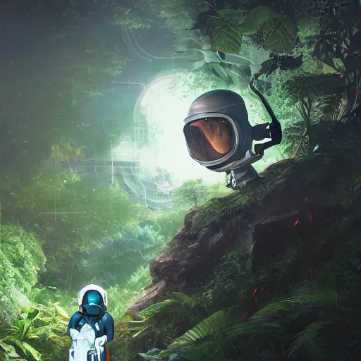 Image similar to view of a future cosmonaut with helmet having cybernetics and wirings exploring a jungle, trending on artstation, art by rossdraws and greg rutkowski, global illumination