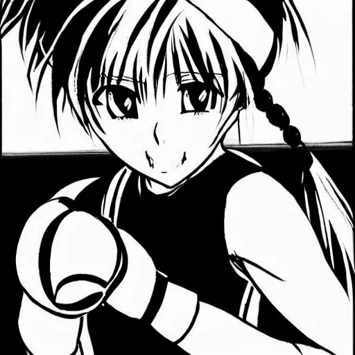 Prompt: black and white sharp detailed anime manga drawing of a schoolgirl practicing boxing in dark frank Miller giger style