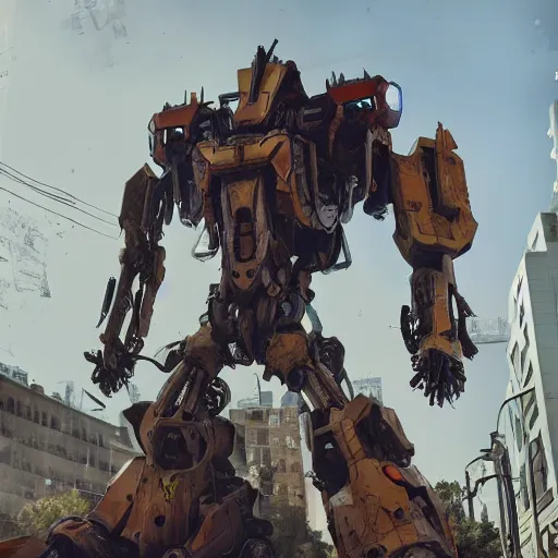 Image similar to six feet tall mech fighting in an urban environment, gaudi, by ismail inceoglu, octane render, by weta digital, cinematic lighting, bump mapped, lumen reflections, action scene screenshot, epic scale