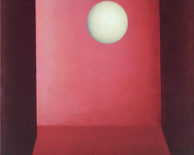 Image similar to light pale pink and deep red painting by Magritte.