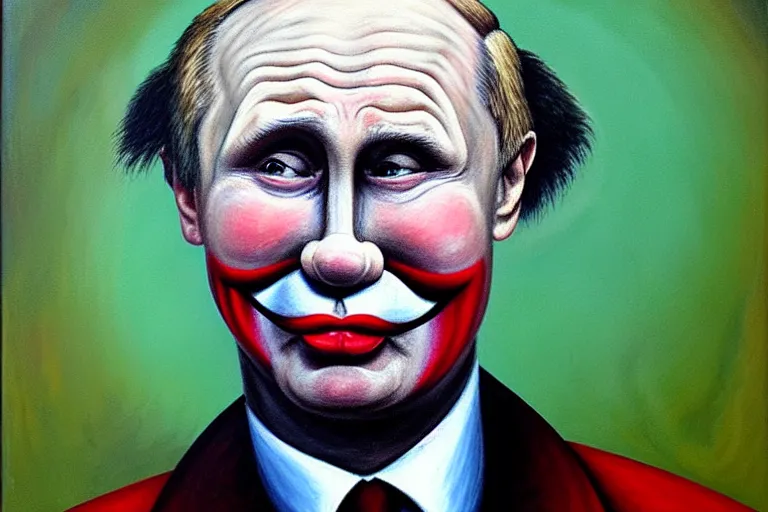 Image similar to putin as a clean-shaven sad hobo clown. head shot portrait. oil painting by emmett kelly.