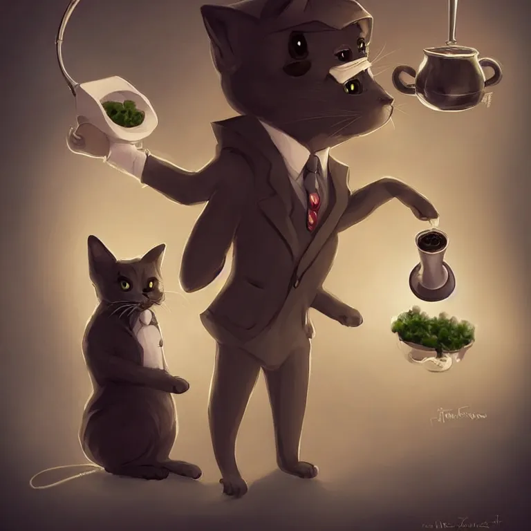 Image similar to cute little anthropomorphic cat barista wearing a black suit, tiny, small, miniature cat, baby animal, short, cute and adorable, pretty, beautiful, ghibli character art portrait, matte fantasy painting, deviantart artstation, by by jason felix by steve argyle by tyler jacobson by peter mohrbacher, cinematic lighting