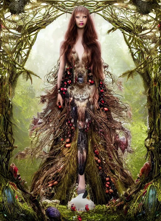 Prompt: a beautiful hyperrealistic ultradetailed 3D, one girl, long hair, long bangs, in a magnificent McQueen couture clothes, Berries decoration on the dress, mushrooms decoration on the dress,on the background of a futuristic forest, Designer clothes, futuristic clothes, clothes from the future, biopunk, voge photo, fashion style, fullbody, in full growth, intricate, elegant, highly detailed, artstation, concept art, smooth, sharp focus, illustration, art by greg rutkowski and orientalism and bouguereau and Zdzislaw Beksinski, good clear quality, lighting, biology