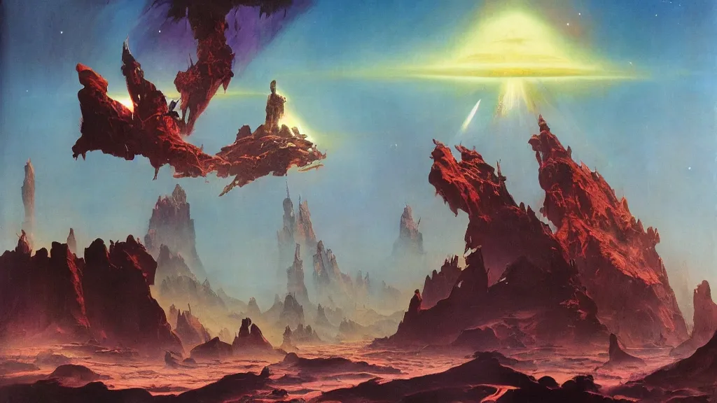 Image similar to journey to the center of the universe by frank frazetta and bruce pennington, cinematic matte painting