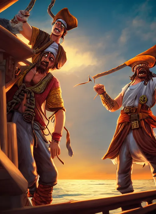 Image similar to an epic fantasy comic book style portrait painting of two bumbling idiot one - piece pirates on the deck of a skyship looking at a chest, unreal 5, daz, hyperrealistic, octane render, cosplay, rpg portrait, dynamic lighting, very detailed faces