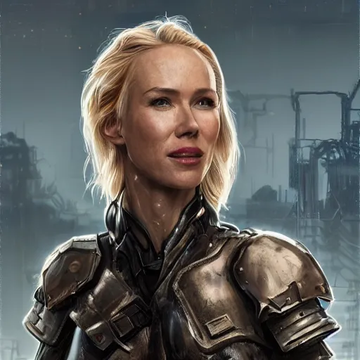 Image similar to naomi watts portrait, dystopia core, apocalyptic, armor, warrior, dramatic, sharp focus, fiction, neon, fantasy, hyper detailed, digital art, trending in artstation, cinematic lighting, studio quality, smooth render, unreal engine 5 rendered, octane rendered, art style and nixeu and wlop and krenz cushart