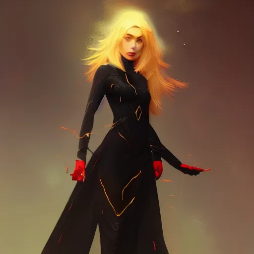 Image similar to a painting of an female elf wearing a black dress with blonde hair and red eyes. by tooth wu and wlop and beeple and greg rutkowski. trending on artstation, highly detailed, volumetric lightning