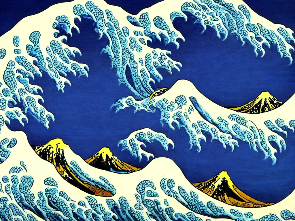 Prompt: an oil painting of the great wave off kanagawa in the style of salvador dali
