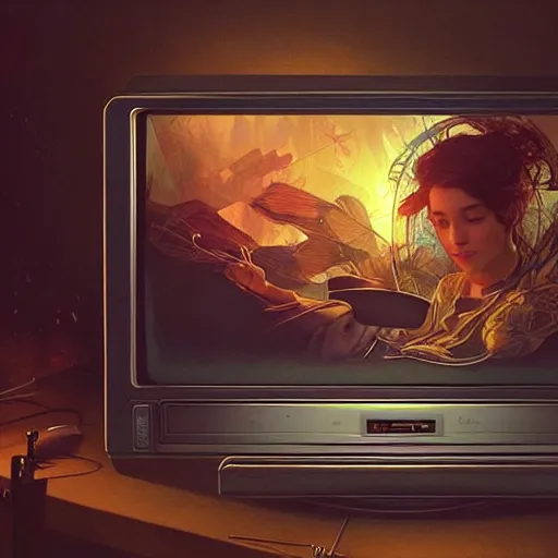 Prompt: a microwave with a tv screen covered in static, intricate, highly detailed, digital painting, artstation, concept art, smooth, sharp focus, illustration, unreal engine 5, 8 k, art by artgerm and greg rutkowski and alphonse mucha