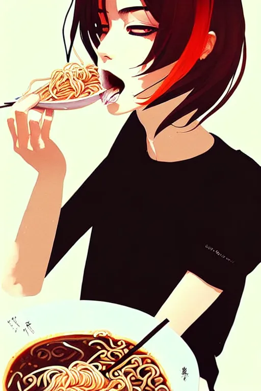 Image similar to a ultradetailed beautiful painting of a stylish woman eating ramen, by conrad roset, greg rutkowski and makoto shinkai trending on artstation