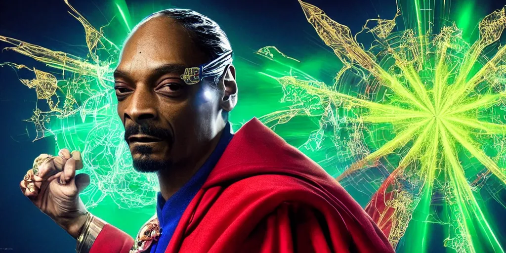 Prompt: snoop dogg as doctor strange, multiple dimensions, green light, marijuana leaves, marijuana, shattered glass, refractions, highly detailed, environmental light, cinematic by francis tneh