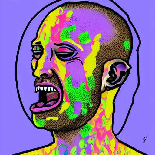 Image similar to man with a tab of acid on his tounge, digital art by mad dog jones