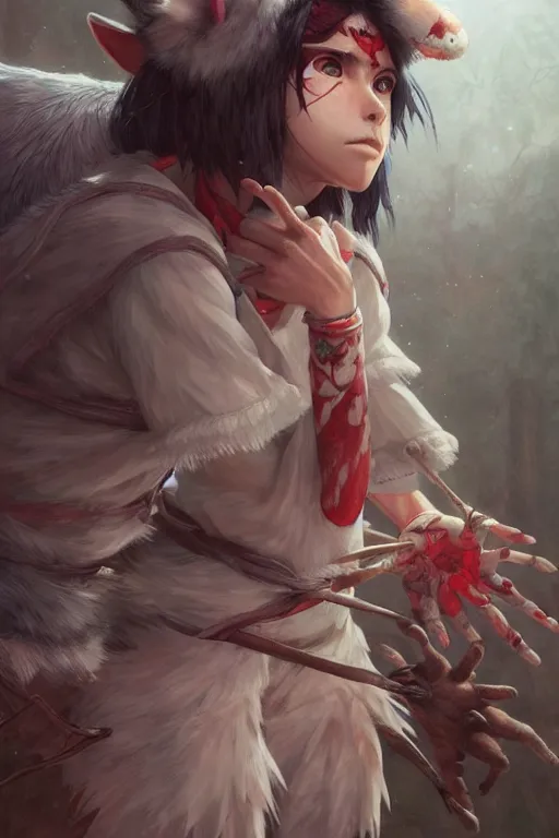 Image similar to mononoke hime, accurate anatomy, only two hands, highly detailed, digital painting, artstation, concept art, smooth, sharp focus, illustration, unreal engine 5, 8 k, art by artgerm and greg rutkowski and edgar maxence