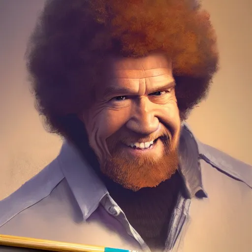 Prompt: Bob Ross throwing away paintings, illustrated by Greg Rutkowski, photorealistic facial features, trending on artstation, 4k, 8k