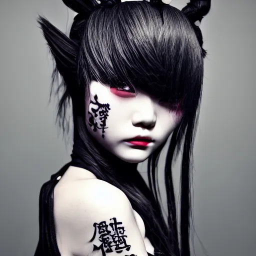 Image similar to japanese gothic model with maximalist hair style and kanji tattoos, dark colors, fashion model, portrait shot, depth of field, 8 k, hyper detailed, intricate, trending on artstation