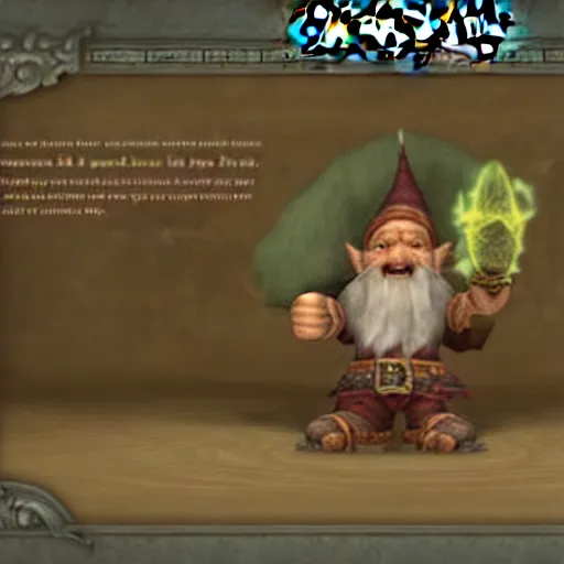 Prompt: World of Warcraft screenshot of a gnome typeing on a computer, gnome hacker, matrix code