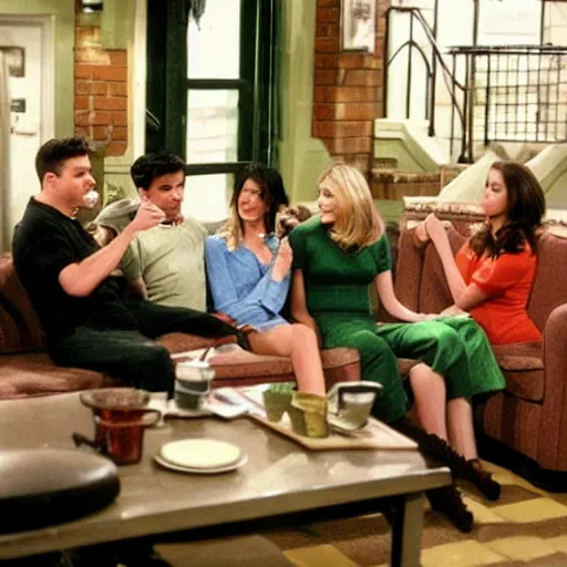 Image similar to still image from friends season 3 coffee shop green couch small cosy new york hd realistic
