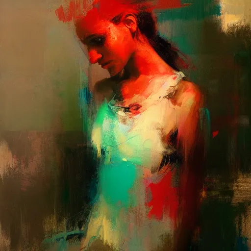 Image similar to abstract painting of woman in bright colour by jeremy mann