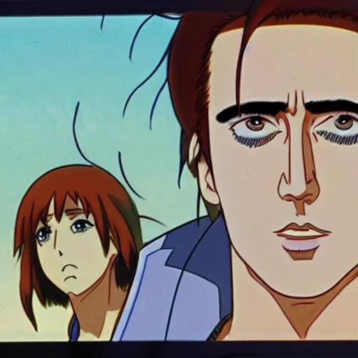 Image similar to nic cage as an anime protagonist, illustration from an animation cell