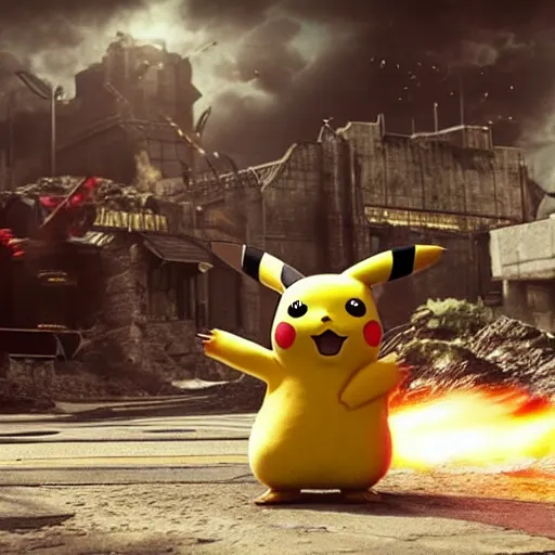 Prompt: Pikachu in Gears of War, splash art, movie still, cinematic lighting, dramatic, octane render, long lens, shallow depth of field, bokeh, anamorphic lens flare, 8k, hyper detailed, 35mm film grain