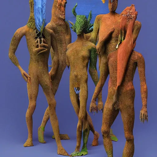 Image similar to weird and strange creatures, painted by max ernst, but as clay figures, octane render