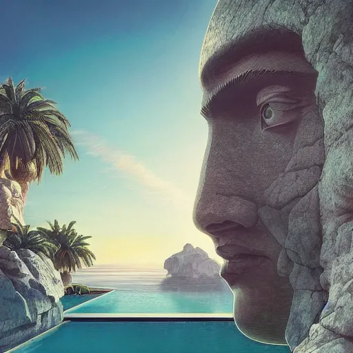 Image similar to Filip Hodas, minimalistic, hyperrealistic surrealism, award winning masterpiece with incredible details, epic stunning, infinity pool, a surreal vaporwave liminal space, highly detailed, trending on ArtStation, artgerm and greg rutkowski and alphonse mucha, daily deviation, IAMAG, broken giant marble head statue ruins, golden hour