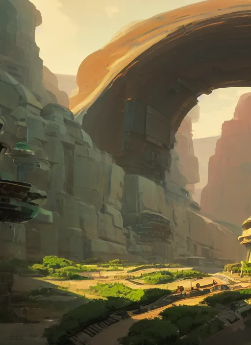 Prompt: canyon with giant gate entrance, nuclear powered, detailed, futuristic, cory loftis, james gilleard, atey ghailan, makoto shinkai, goro fujita, studio ghibli, rim light, exquisite lighting, clear focus, very coherent, plain background