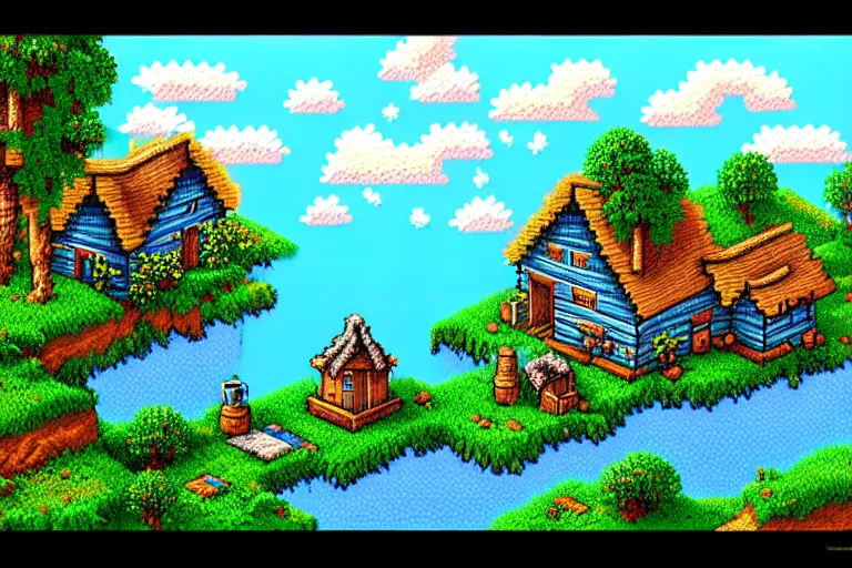 Image similar to view of a cottage above an azure lake, beautiful detailed pixelart by albertov in the style of quest for glory iii, intricate details, beautiful, dithered, gradients, volumetric lighting, cgsociety, artstation, 2 d