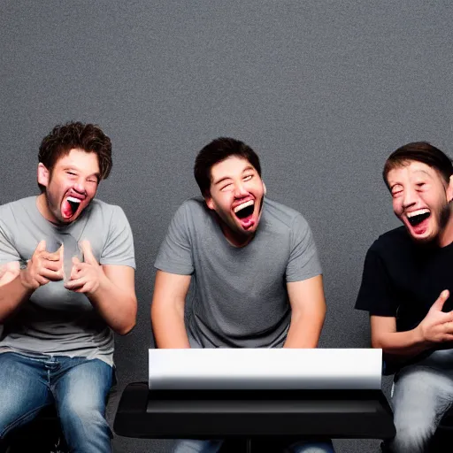 Image similar to several guys typing on keyboard while laughing very hard, mouth wide open tsticking tongues out, studio light, grey background, photorealsitic