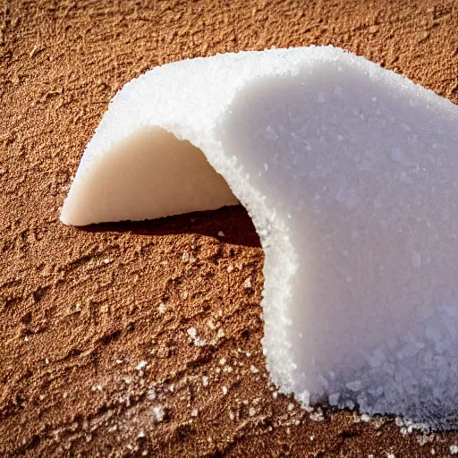 Image similar to mound of salt shaped like a 30 year old woman in ancient Canaanite clothing, cracked desert background. somber. haunting. 40mm lens, shallow depth of field, split lighting