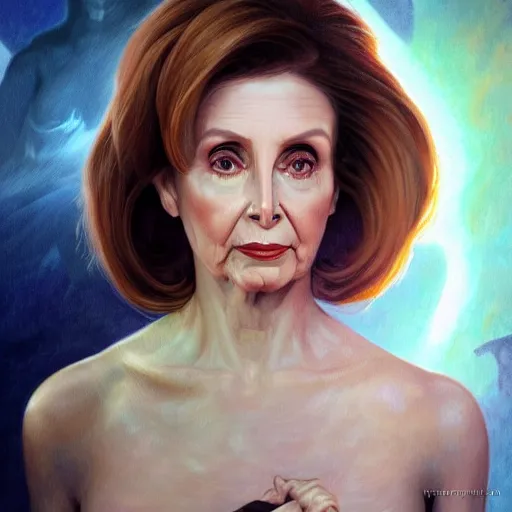 Prompt: Nancy Pelosi is alien princess, white body dress, dramatic, open arms, detailed face, cinematic lighting, intricate, elegant, highly detailed, digital painting, artstation, sharp focus, illustration, art by artgerm and greg rutkowski and alphonse mucha and Wayne Barlowe and william-adolphe bouguereau