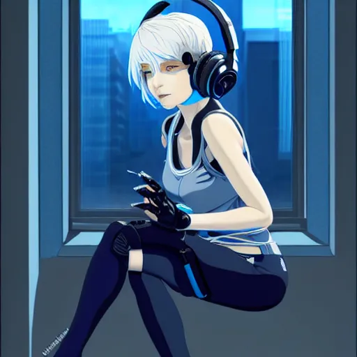 Image similar to cyborg - girl with silver hair, wearing headphones, and sitting on a window sill, highly detailed, painting, dark blue and black color palette, intricate, high quality anime artstyle, in the style of ilya kuvshinov