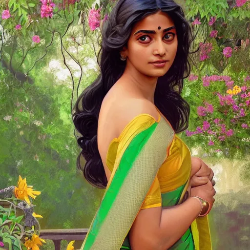 Prompt: character concept portrait of a bengali girl, wearing a silk muslin saree, voluptuous, relaxing in a dewan at the middle of a beautiful garden with flowers, highly detailed, digital painting, artstation, concept art, symmetry, smooth, sharp focus, illustration, art by artgerm and greg rutkowski and alphonse mucha