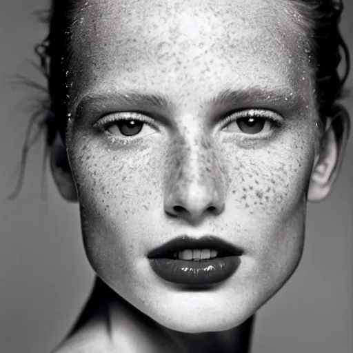 Image similar to a beautiful professional photograph by herb ritts for the cover of vogue magazine of a beautiful lightly freckled and unusually attractive female fashion model looking at the camera in a flirtatious way, zeiss 5 0 mm f 1. 8 lens