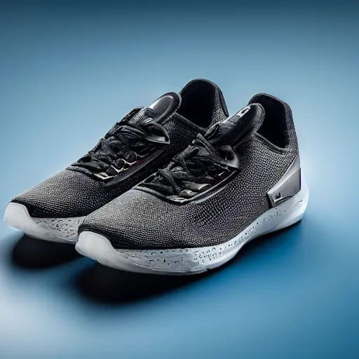Image similar to product photography of sports sneaker, ultra rendered extreme realism and detail, 8 k, f / 2. 2, canon 8 5 mm, photorealistic, sharp focus, centered, clear background, empty edges