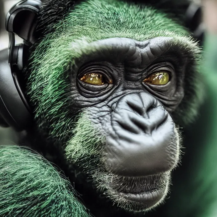 Image similar to a high quality photo of a green chimp wearing headphones, realism, 8k