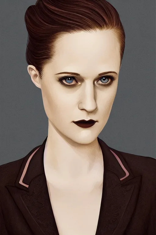 Image similar to majestic and regal portait of evan rachel wood wearing a navy blue pantsuit, dark brown straight hair, dystopian, beautiful, intricate, epic, elegant, highly detailed, digital painting, hard focus, beautiful volumetric lighting, epic light, ultra detailed, by leesha hannigan, ross tran, thierry doizon, kai carpenter, ignacio fernandez rios