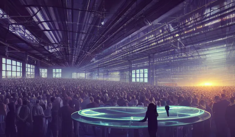 Prompt: crowd in simple warehouse, looking at hologram of futuristic city on a table, cinematic concept art, godrays, golden hour, natural sunlight, 4 k, clear details, tabletop model buildings, center model buildings, hologram center, crane shot, crane shot, crane shot