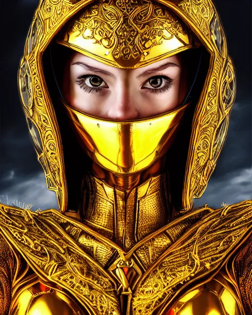 Image similar to comic book style portrait of woman in shining golden armor, high production value, intricate details, high resolution, hdr, high definition, masterpiece, realistic, ultrarealistic, highly detailed, hd, sharp focus, non blurry, sharp, smooth