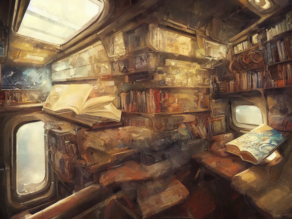 Image similar to detailed painting of a magical book laying open on the seat of a modern train car by Krenz Cushart, fantasy, dramatic light