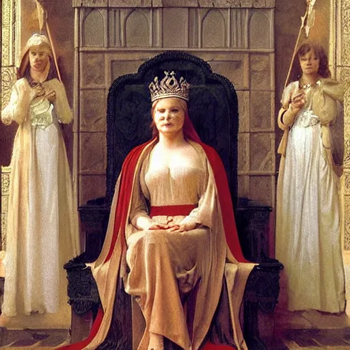 Image similar to Donald Trump as medieval king, sit on throne, bouguereau